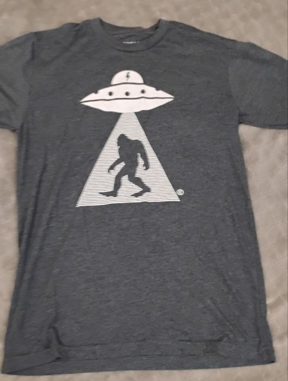 Charcoal Graphic Tee with White UFO & Sasquatch Design